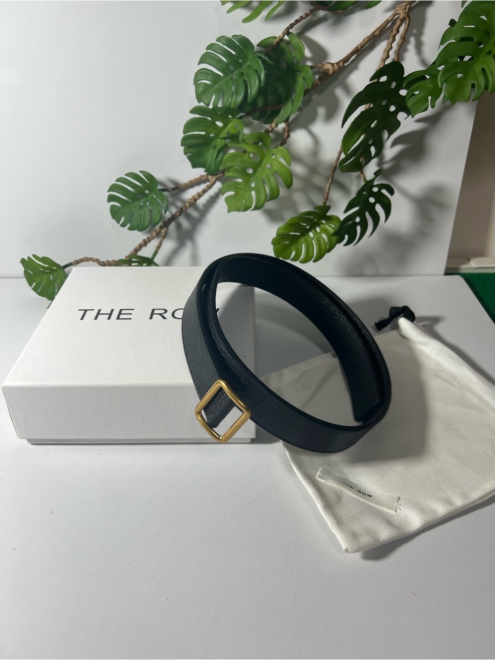 The Row Black Textured Leather Belt with Gold Square Buckle